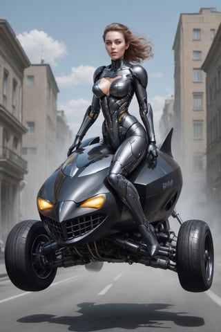 Masterpiece , realistic, high resolution, 1 russian lady,  beautiful, wear cyborg suit ,riding a black speed car like batman car..flying at street. 