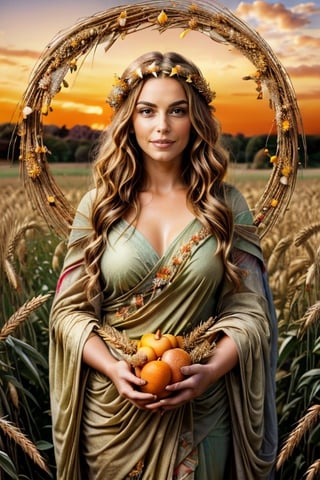 Art nouveau illustration of 1girl, the goddess of harvest, Demeter, standing tall amidst golden fields of wheat and barley. Her flowing robes are the color of ripe wheat, adorned with intricate patterns of golden grain and vibrant fruits. Her hair cascades in waves of chestnut brown, (((crowned with a wreath of wildflowers and wheat sheaves))). In her hands, (((she holds a cornucopia overflowing with an abundance of fruits, vegetables, and grains))), symbolizing the earth's fertility and generosity under her divine protection. Blue sky in the background, portrait, sparkling beautiful eyes, blue eyes, blonde hair, flowers, elaborate scene style, glitter, orange, realistic style, 8k,exposure blend, medium shot, bokeh, (hdr:1.4), high contrast, (cinematic, dark orange and white film), (muted colors, dim colors, soothing tones:1.3), low saturation, (hyperdetailed:1.2), perfect hands, perfect fingers, photorealistic, cinematic and dramatic back lighting. Alfons Mucha style,art_booster,photo r3al,Masterpiece,Fap_5!5