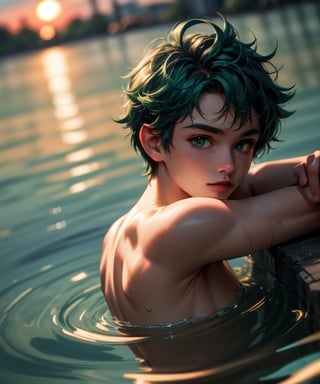 ((masterpiece)),((highestquality)),((8k)),((ultra-detailed)), 1boy, realistic, shiny body, posing, underwater, water surface, sunset, naked, upper body shot, deku,1boy,solo,male focus,green hair,green eyes,short hair,freckles,my hero academia