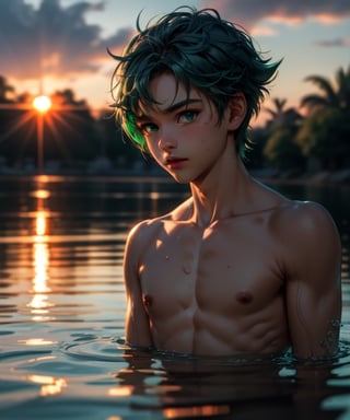 ((masterpiece)),((highestquality)),((8k)),((ultra-detailed)), 1boy, realistic, shiny body, posing, underwater, water surface, sunset, naked, upper body shot, deku,1boy,solo,male focus,green hair,green eyes,short hair,freckles,my hero academia