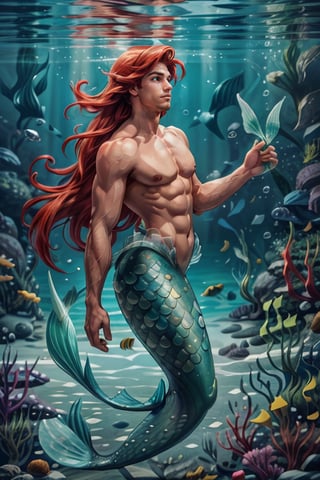 Disney, Ariel genderbend, red hair, man submerged underwater, coral reef, air bubble, dynamic pose, floating hair,nude, (Mermaid tail:1.4), best quality, masterpiece, realistic, cinematic composition, (detailed background), depth of field, intricate details, 8k, detailed skin texture, detailed face, realistic eyes, male focus, photo of a man, upper_body shot, 