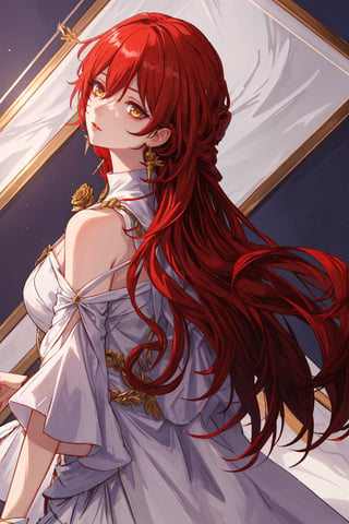 (Masterpiece, top quality, best quality, official art, beautiful and aesthetic:1.2), 1girl, official, head, yellow eyes, red hair, long hair, white dress, golden rose on neck, single earring, from_behind