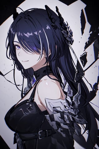 (masterpiece:1.3),(highres:1.1),best quality,1girl,solo,office,jelotopaz,hair ornament,black jacket,collared shirt,cleavage,detached sleeves,black elbow gloves,belt,black knee boots,smile, black background, from_side,line anime, dark background, black background, simple dark background ,closeup face , face only , upclose, face, face image ,glass,hair over one eye, broken glass, dark background, 