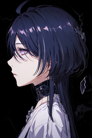 (masterpiece:1.3),(highres:1.1),best quality,1girl,solo,office,black background, from_side,line anime, dark background, black background, simple dark background ,closeup face , face only , upclose, face, face image ,glass,hair over one eye, broken glass, dark background, 