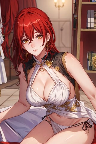 (Masterpiece, top quality, best quality, official art, beautiful and aesthetic:1.2), 1girl, official, head, yellow eyes, red hair, long hair, white dress, golden rose on neck, single earring, from_behind,ass,side_tie_bikini