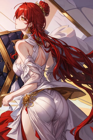 (Masterpiece, top quality, best quality, official art, beautiful and aesthetic:1.2), 1girl, official, head, yellow eyes, red hair, long hair, white dress, golden rose on neck, single earring, from_behind,ass