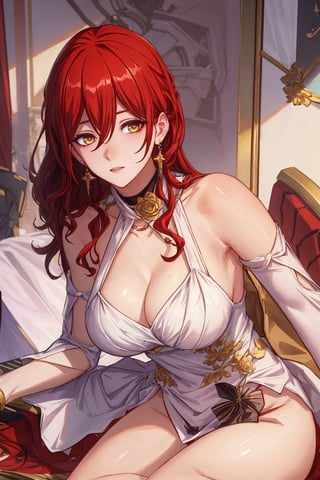 (Masterpiece, top quality, best quality, official art, beautiful and aesthetic:1.2), 1girl, official, head, yellow eyes, red hair, long hair, white dress, golden rose on neck, single earring, from_behind,ass,side_tie_bikini