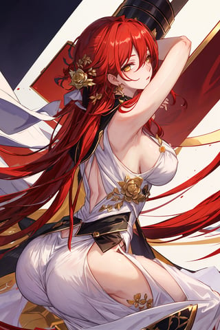 (Masterpiece, top quality, best quality, official art, beautiful and aesthetic:1.2), 1girl, official, head, yellow eyes, red hair, long hair, white dress, golden rose on neck, single earring, from_behind,ass,black coat