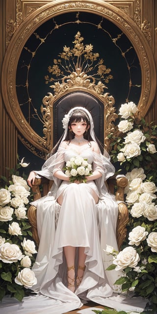(masterpiece, top quality, best quality, official art, beautiful and aesthetic:1.2), (1girl), extreme detailed,(fractal art:1.3),colorful,highest detailed, embroidery and flowing fabrics, overall exquisite sublime styling, white gown, white roses flowers background, sitting on a throne