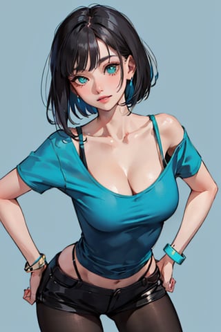 (masterpiece:1.2, best quality), 1lady, solo, (upper body),
Elegant and casual turquoise tshirt with simple designs
makeup,(blue theme)
,dark solid color background,
sleek bob,black_hair,red arm_bracelet,sexy,visible v line ,visible waist,wearing pantyhose,cleavage,leaning_forward