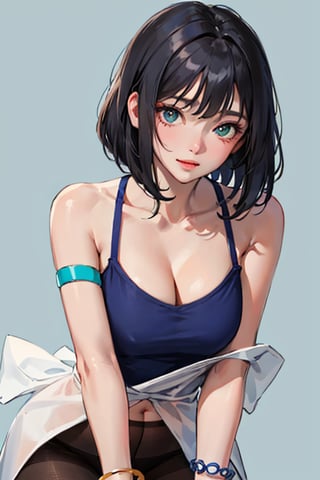 (masterpiece:1.2, best quality), 1lady, solo, (upper body),
Elegant and casual turquoise tshirt with simple designs
makeup,(blue theme)
,dark solid color background,
sleek bob,black_hair,red arm_bracelet,sexy,visible v line ,visible waist,wearing pantyhose,cleavage,leaning_forward