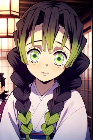 wear the mitsuri costume,black hair,green eyes,cute,tiny girl,japanese,kimetsu no yaiba,not tied,green Eyes,wear,there is a hint of green under his hair,Mitsuri
