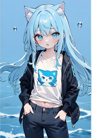 chibi cute(1 girl))(1nd girl) (blue Hair) (long Hair) ( blue Eyes) (Wearing black jacket) (Background water ) (DX12 Graphic) blue hair | 1girl | water eyes | wear underwear,face photo, background water,long hair,
long pants,cat ears