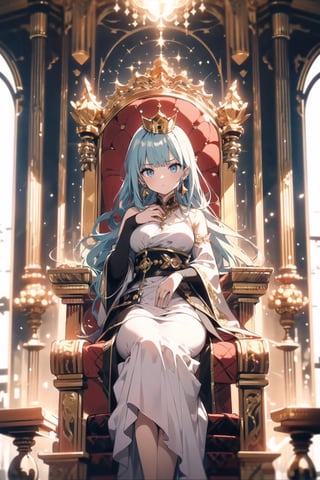 One girl(adult woman, on the throne), aqua long hair, blue eyes , serious face, medium breast, masterpiece,  best quality,  high quality, chlotes( long royal dress (golden, red, black), crown (gold/black), earrings  (dress:1.3)), background (Royale throne room ,big hall , little stairs, ground whit throne, throne (gold/black), shining light from the up)