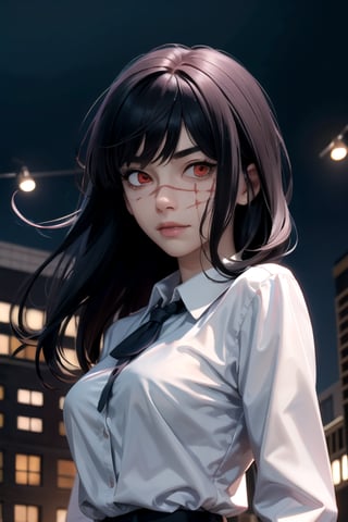 (masterpiece), best quality, high resolution, highly detailed, detailed background, perfect lighting, 1girl, bangs, medium breasts, blouse, black hair, ,csm anime style, red eyes, blood, blood in face, city, yoru \(chainsaw man\)