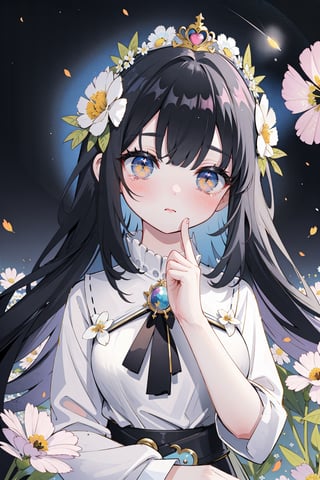 (masterpiece, best quality, highres:1.3), ultra resolution image, (1girl), (solo), kawaii, black hair, mystery, petals on cheeks, dreamlike, soft, pastel, (reality and fantasy:1.4), vivid color, serenity, twilight, garden, fireflies, innocent, graceful, scenery, blooming poppy, tears, peaceful, (white flower crown:1.3),
closed clothes,black knit shirt,1girl,long hair