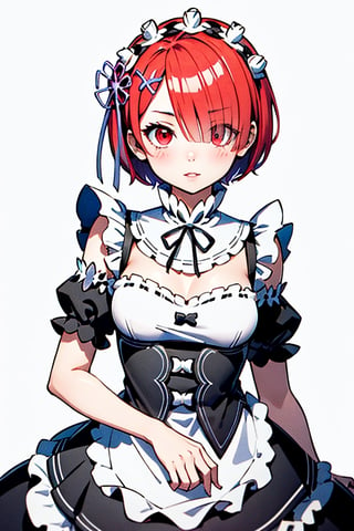 (ram solo character) (Solo character) (ram character) (red Hair) (Short Hair) (Her bangs cover one eye) (red Eyes) (Beautiful Eyes) (Sparkling Eyes) (Tall Body) (Pretty Pose) (Wearing Maid's Dress) (Black and White Background) (Chibi