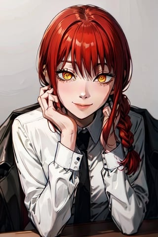 1girl, solo, long hair, looking at viewer, smile, bangs, simple background, shirt, long sleeves, white background, sitting, closed mouth, jacket, yellow eyes, white shirt, upper body, braid, sidelocks, red hair, necktie, collared shirt, black jacket, formal, suit, light smile, black necktie, hand on own face, braided ponytail, ringed eyes, makima \(chainsaw man\)