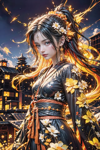 masterpiece, best quality,1 girl, kunoichi, transparent clothes, pastel colour, low contrast, rooftop ancient japan, ,yuzu, dynamic move, at night, landscape photo, ,dragon ear,  gullveig, huoshen,IncrsAprobMeme,face photo,wear black kimono