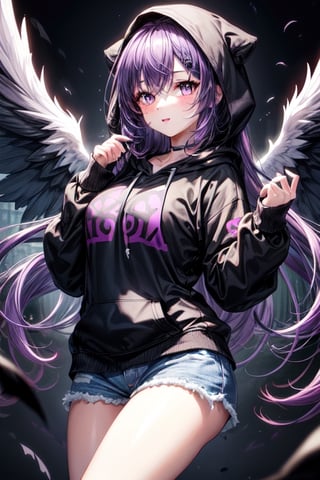 1girl, solo,purple eyes,black wings,hoodie,purple hair,long_hair 