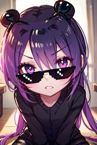 purple eyes purple hair wearing a long black enderman Beautiful girl with long hair black shiny eyes She is radiant in the morning in the direction of the image sitting, cute eyes, big eyes,incrsdealwithit,wear sunglasses,Spider-chan