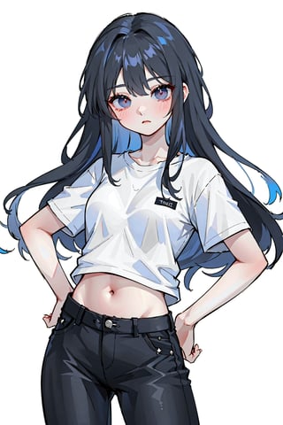 (masterpiece, best quality, highres:1.3), ultra resolution image, (solo), (1girl), formad hair:1.4, forehead, long hair syle, tomboy, black hair, black eye, simple --niji, kpop girl, :3:1.3, (simple white t shirts), (blue jeans), navel, large hips, mature girl, kawai pose, victory, :3:1.2, face close to viewer, fall in love to viewer, dynamic angle:1.4, pixel_art,