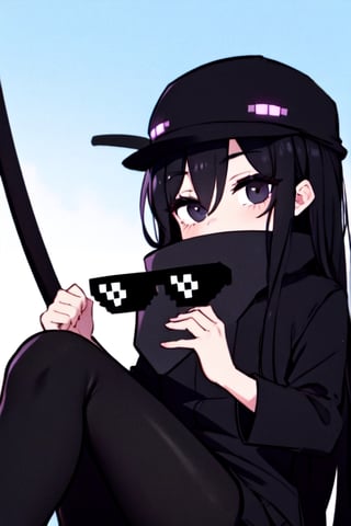 black eyes black hair wearing a long black enderman Beautiful girl with long hair black shiny eyes She is radiant in the morning in the direction of the image sitting, cute eyes, big eyes,Enderman-chan,incrsdealwithit,wear sunglasses