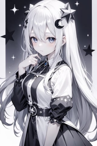 1girl, solo, long hair, looking at viewer, blush, bangs, hair ornament, hair between eyes, monochrome, greyscale, virtual youtuber, star \(symbol\), sparkle, crescent, portrait, star hair ornament, crescent hair ornament,masterpiece