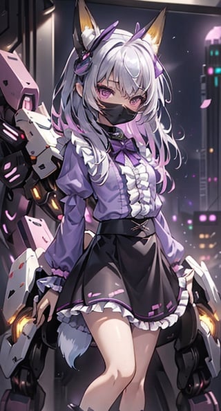 (masterpiece), full body, petite, (chibi), 1girl, solo, silver hair color, medium hair, multicolored hair, purple eyes, | (black mouth mask:1.2), depth of field, mecha headgear, (violet shirt:1.2), black skirt, lace, frills, lace rims, frilled sleeves, frilled skirt, jirai, jiraikei, lolita fashion, 
city ​​background, night, indoor, sci-fi, mecha musume,mecha,have ears fox,have fox tail