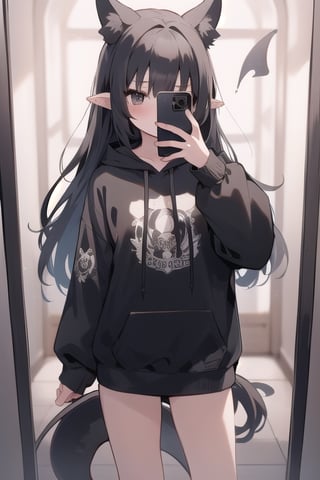 1girl, solo,black eyes,black wings,hoodie,black hair,long_hair ,devil ears, devil tail,1 girl,selfie,photo in glass