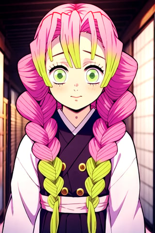 wear the mitsuri costume,pink hair,green eyes,cute,tiny girl,japanese,kimetsu no yaiba,not tied,green Eyes,wear,there is a hint of green under his hair,Mitsuri