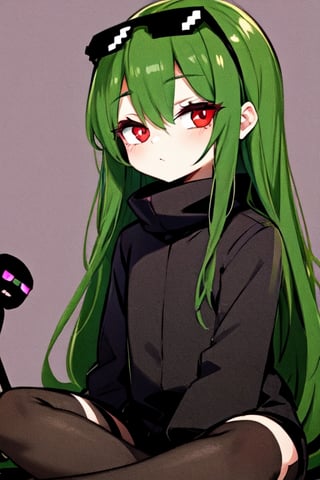red eyes green hair wearing a long black enderman Beautiful girl with long hair black shiny eyes She is radiant in the morning in the direction of the image sitting, cute eyes, big eyes,Enderman-chan,incrsdealwithit,wear sunglasses