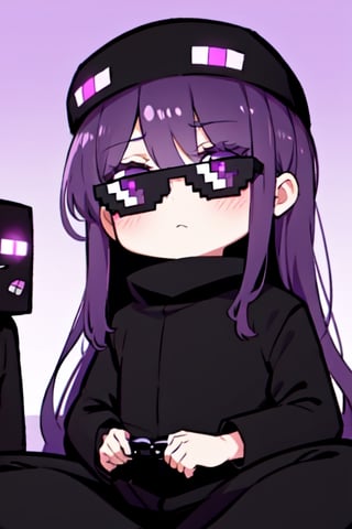 purple eyes purple hair wearing a long black enderman Beautiful girl with long hair black shiny eyes She is radiant in the morning in the direction of the image sitting, cute eyes, big eyes,Enderman-chan,incrsdealwithit,wear sunglasses