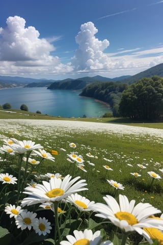 flower, outdoors, sky, day, cloud, water, blurry, blue sky, no humans, white flower, scenery, daisy