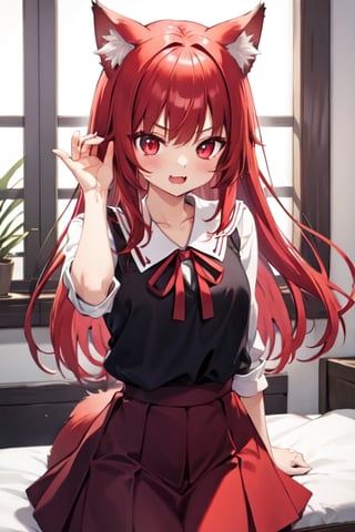 red eyes red hair wearing medium skirt, Beautiful girl with long hair red shiny eyes She is radiant in the morning cute eyes, big eyes,cute_fang,stand ,  have wolf ears,wolftail,SaltBaeMeme