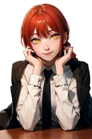 1girl, solo, long hair, looking at viewer, smile, bangs, simple background, shirt, long sleeves, white background, sitting, closed mouth, jacket, yellow eyes, white shirt, upper body, braid, sidelocks, red hair, necktie, collared shirt, black jacket, formal, suit, light smile, black necktie, hand on own face, braided ponytail, ringed eyes, makima \(chainsaw man\)