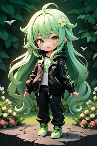 chibi cute(1 girl))(1nd girl) (green Hair) (long Hair) ( green Eyes) (Wearing black jacket) (Background garden ) (DX12 Graphic) green hair | 1girl | green eyes | wear underwear,full body, background garden,long hair,
long pants,birds circled on his head,full garden background