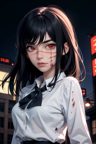 (masterpiece), best quality, high resolution, highly detailed, detailed background, perfect lighting, 1girl, bangs, medium breasts, blouse, black hair, ,csm anime style, red eyes, blood, blood in face, city, yoru \(chainsaw man\)