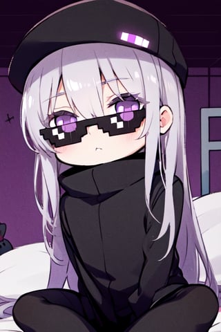 purple eyes silver hair wearing a long black enderman Beautiful girl with long hair black shiny eyes She is radiant in the morning in the direction of the image sitting, cute eyes, big eyes,Enderman-chan,incrsdealwithit,wear sunglasses
