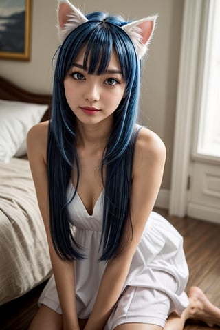 1girl,beautiful,long hair,blue hair,(white cat ears), white dress, blue room, cute pose. cute expression, looking_at_viewer,
