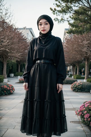 Analog photography, film grain, best quality, masterpiece, realistic, photorealistic, 1girl, solo, looking at viewer, standing, (black hijab:1.2), gothic dress, long sleeve, very long dress, belt, black, (garden:1.5), blue sky, flowers, (high detailed skin:1.2)