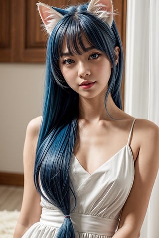 1girl,beautiful,long hair,blue hair,(white cat ears), white dress, blue room, cute pose. cute expression, looking_at_viewer,