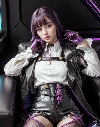 masterpiece, best quality, highres, extremely detail, photorealistic,

kafka(hsr), 1girl, collared shirt, cowboy shot, shorts, sunglasses, eyewear on head, solo, pantyhose, black shorts, coat, long sleeves, long hair, gloves, shirt, white shirt, smile, purple eyes , (purple hair), (ulzzang-6500:0.5), 

smiling, sitting on leather couch, leaning on leather couch, (black leather chair:1.2), relax pose,

(futuristic computers, hologram, scifi room, cyberpunk room, neon room, neon, blue magenta light:1.3)

Kafka(hsr),kafka,perfect eyes,perfect skin 