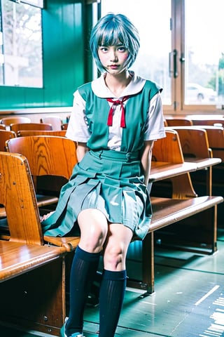 Cinematic Photo of beautiful japanese model, KrFace1-80, (muscular:1.3), ayanamirei, (light blue hair:1.3), tokyo-3_middle_school_uniform, red ribbon, school_uniform, black socks, white shoes, sitting in empty classroom, bokeh,