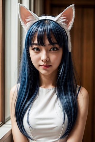 1girl,beautiful,long hair,blue hair,(white cat ears), white dress, blue room, cute pose. cute expression, looking_at_viewer,