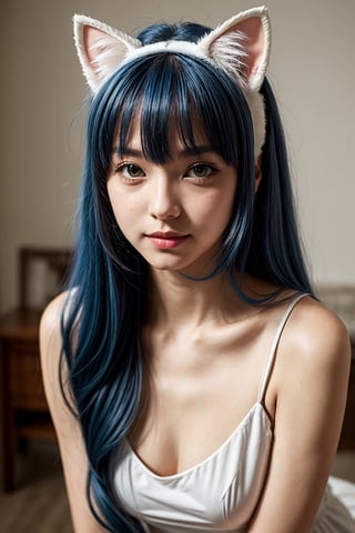 1girl,beautiful,long hair,blue hair,(white cat ears), white dress, blue room, cute pose. cute expression, looking_at_viewer,