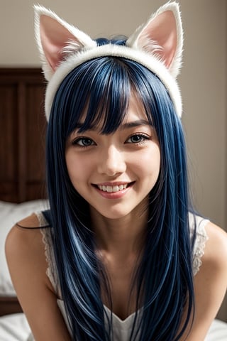 1girl,beautiful,long hair,blue hair,(white cat ears), white dress, blue room, cute pose. cute smile, looking_at_viewer,