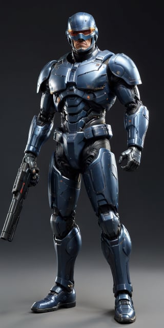 cowboy shot, ultra Realistic, (((retro Robocop from "Robocop" movie))), (((full body retro Robocop with Peter Weller face))), (((huge sci-fi gun in hand))), ((Peter Weller face)), ((metallic dark blue body color)), vibrant color palette, (((strong pose))), ((bald head)), full body