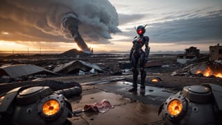 A giant ultra detailed glossy black mecha alien humanoid robot in mechanical biopunk style stands on pieces of rotten meat. The atmosphere is saturated with depression and hopelessness. The wreckage of the equipment smokes over the horizon. Location of a ruined street, it is raining,Christmas 1girl,Mecha body