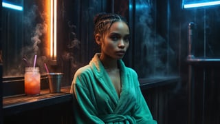(((sexy cyberpunk android Zoë Kravitz sitting in a bathrobe in a smoky neon sauna, a mojito cocktail stands next to her))), ((dark night vintage dystopian cyberpunk led neon background)), ((lighting dust particles)), horror movie scene, best quality, masterpiece, (photorealistic:1.4), 8k uhd, dslr, masterpiece photoshoot, (in the style of Hans Heysen and Carne Griffiths),shot on Canon EOS 5D Mark IV DSLR, 85mm lens, long exposure time, f/8, ISO 100, shutter speed 1/125, award winning photograph, facing camera, perfect contrast,cinematic style